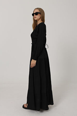 leyla sanat sanata yeni bir bakış açısı Önü Yarım Düğmeli Uzun Kol Kemerli Elbise - Siyah