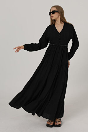 leyla sanat sanata yeni bir bakış açısı Önü Yarım Düğmeli Uzun Kol Kemerli Elbise - Siyah