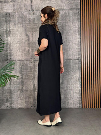 leyla sanat sanata yeni bir bakış açısı Kadın Kısa Kollu Bisiklet Yaka Yırtmaçlı Viskon Iki Iplik Elbise