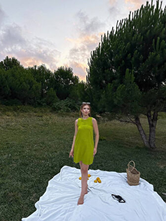 leyla sanat sanata yeni bir bakış açısı Kadın Keten Kumaş Kolsuz Mini Boy Elbise