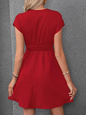 leyla sanat sanata yeni bir bakış açısı Kadın Kısa Kollu Kruvaze Yakalı Beli Lastikli Bürümcük Elbise