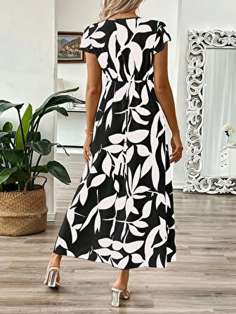 leyla sanat sanata yeni bir bakış açısı Kadın Kısa Kelebek Kollu Kruvaze Yaka Desenli Süprem Elbise