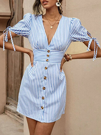 leyla sanat sanata yeni bir bakış açısı Kadın Kısa Bağcıklı Kol Kruvaze Yaka önden Düğmeli Kısa Poplin Elbise