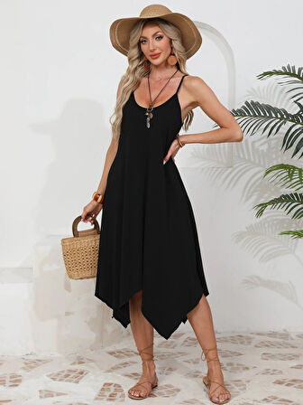 leyla sanat sanata yeni bir bakış açısı Kadın Ip Askılı Yuvarlak Yakalı Asimetrik Kesim Viskon Elbise