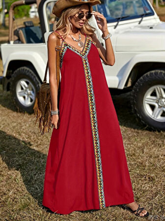 leyla sanat sanata yeni bir bakış açısı Kadın Askılı V Yakalı Etnik şerit Detaylı Uzun Viskon Elbise