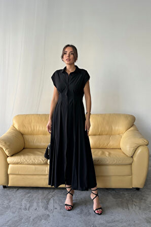 leyla sanat sanata yeni bir bakış açısı KOLSUZ VATKALI ÖNDEN DÜĞMELİBEL PENS DETAYLI POPLİN ELBİSE - Siyah