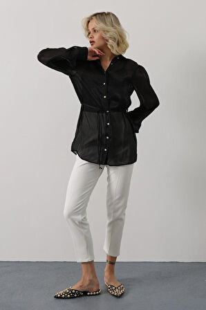 leyla sanat sanata yeni bir bakış açısı Belden Bağlamalı Uzun Kol Gömlek - Siyah