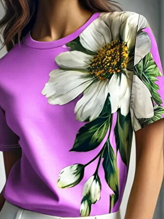 leyla sanat sanata yeni bir bakış açısı Kadın Kısa Kollu Bisiklet Yaka çiçek Baskılı Süprem Bluz