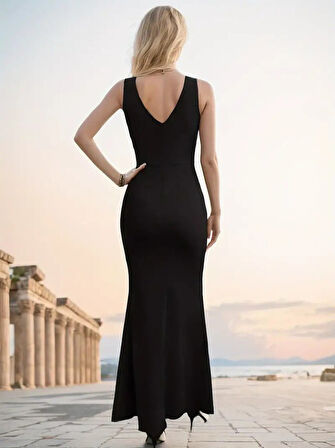 leyla sanat sanata yeni bir bakış açısı Kadın Askılı Kruvaze Yaka Yırtmaç Detaylı Janjan Krep Elbise