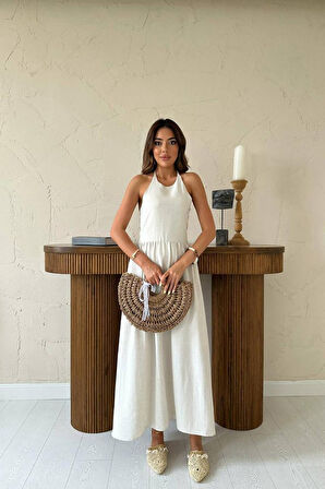 leyla sanat sanata yeni bir bakış açısı Bej Arkası Gipeli Keten Elbise