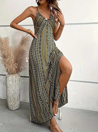 leyla sanat sanata yeni bir bakış açısı Kadın Ip Askılı Sırttan çapraz Detaylı Yırtmaçlı Desenli Süprem Elbise