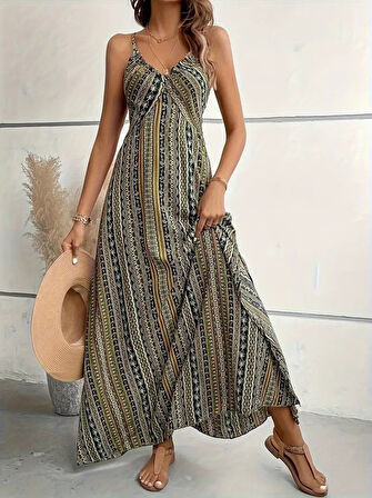 leyla sanat sanata yeni bir bakış açısı Kadın Ip Askılı Sırttan çapraz Detaylı Yırtmaçlı Desenli Süprem Elbise