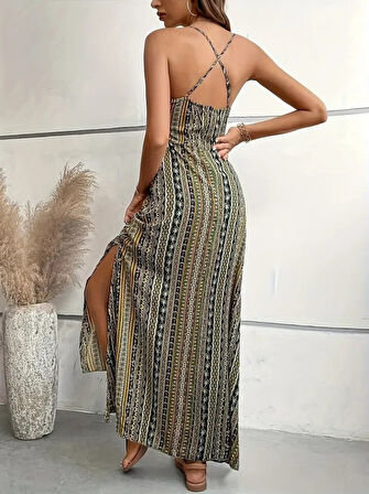 leyla sanat sanata yeni bir bakış açısı Kadın Ip Askılı Sırttan çapraz Detaylı Yırtmaçlı Desenli Süprem Elbise