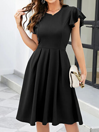 leyla sanat sanata yeni bir bakış açısı Kadın Kelebek Kollu Bisiklet Yakalı Pileli Ithal Krep Elbise