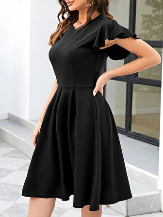 leyla sanat sanata yeni bir bakış açısı Kadın Kelebek Kollu Bisiklet Yakalı Pileli Ithal Krep Elbise