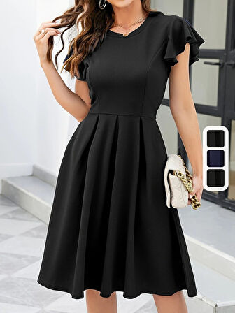 leyla sanat sanata yeni bir bakış açısı Kadın Kelebek Kollu Bisiklet Yakalı Pileli Ithal Krep Elbise