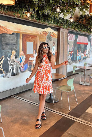 leyla sanat sanata yeni bir bakış açısı Kadın Sıfır Kollu Bisiklet Yakalı Fırfırlı Desenli Sofya Elbise