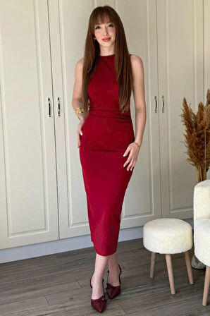 leyla sanat sanata yeni bir bakış açısı Kadın Sıfır Kol Sıfır Yaka Drape Detaylı Midi Janjan Krep Elbise
