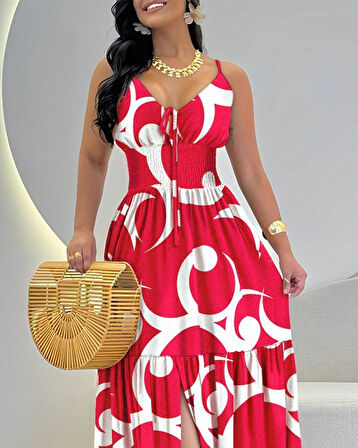 leyla sanat sanata yeni bir bakış açısı Kadın Ip Askılı Dekolteli Bağcıklı Yırtmaçlı Desenli Süprem Elbise