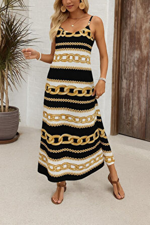 leyla sanat sanata yeni bir bakış açısı Kadın Ip Askılı Geniş V Yakalı Desenli Süprem Elbise