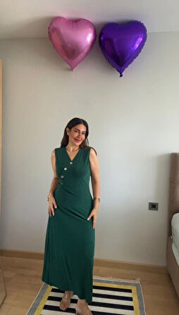 leyla sanat sanata yeni bir bakış açısı Kadın Kruvaze Yaka Düğme Detay Maxi Boy Elbise