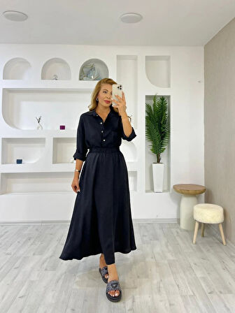 leyla sanat sanata yeni bir bakış açısı Kadın Keten Kumaş Gömlek Ve Etek Ikili Takim