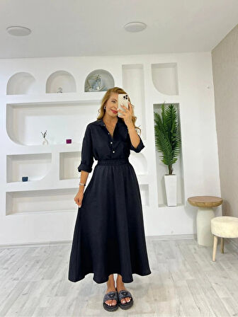 leyla sanat sanata yeni bir bakış açısı Kadın Keten Kumaş Gömlek Ve Etek Ikili Takim