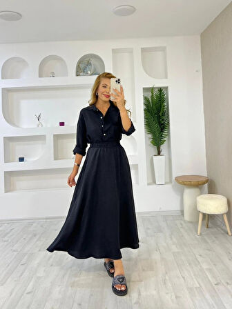 leyla sanat sanata yeni bir bakış açısı Kadın Keten Kumaş Gömlek Ve Etek Ikili Takim