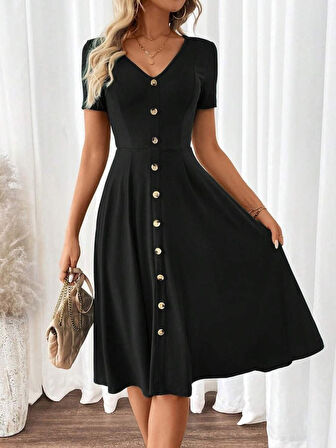 leyla sanat sanata yeni bir bakış açısı Kadın Kısa Kollu V Yakalı önden Düğmeli A Kesim Dokuma Elbise