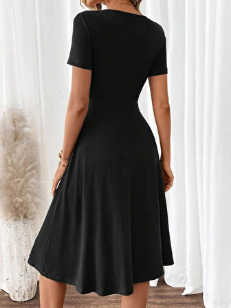 leyla sanat sanata yeni bir bakış açısı Kadın Kısa Kollu V Yakalı önden Düğmeli A Kesim Dokuma Elbise