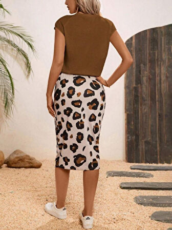 leyla sanat sanata yeni bir bakış açısı Kadın Kısa Kollu Bisiklet Yaka Viskon Bluz Desenli Dalgıç Etek Ikili Takım