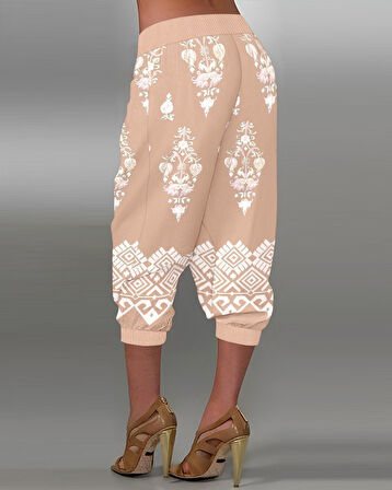 leyla sanat sanata yeni bir bakış açısı Kadın Beli Lastikli Etnik Desenli Kapri Süprem Pantolon