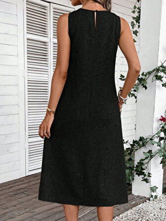 leyla sanat sanata yeni bir bakış açısı Kadın Kolsuz Bisiklet Yaka Cepli Midi Keten Elbise