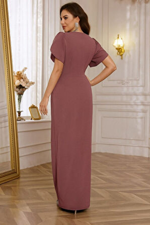 leyla sanat sanata yeni bir bakış açısı Kadın Kısa Kollu Kruvaze Yakalı Belden çiçek Aksesuarlı Yırtmaçlı Ithal Krep Elbise