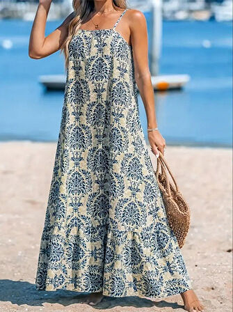 leyla sanat sanata yeni bir bakış açısı Kadın Ip Askılı Desenli Fırfırlı Süprem Elbise