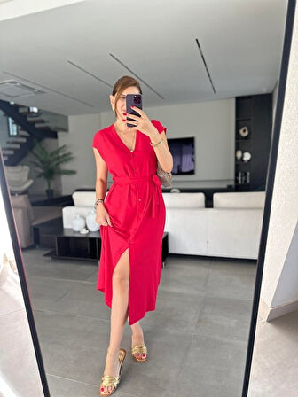 leyla sanat sanata yeni bir bakış açısı Kadınn V Yaka Düğme Detay Kuşak Dahil Elbise