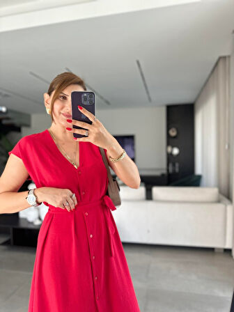 leyla sanat sanata yeni bir bakış açısı Kadınn V Yaka Düğme Detay Kuşak Dahil Elbise