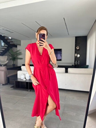 leyla sanat sanata yeni bir bakış açısı Kadınn V Yaka Düğme Detay Kuşak Dahil Elbise