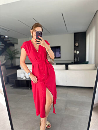 leyla sanat sanata yeni bir bakış açısı Kadınn V Yaka Düğme Detay Kuşak Dahil Elbise