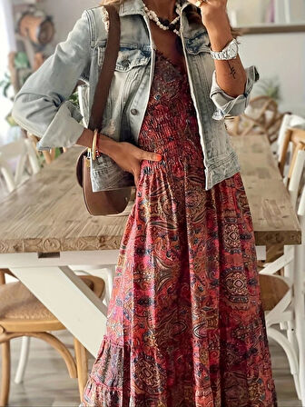 leyla sanat sanata yeni bir bakış açısı Kadın Kısa Kollu Kruvaze Yakalı Desenli Maksi Boy Süprem Elbise