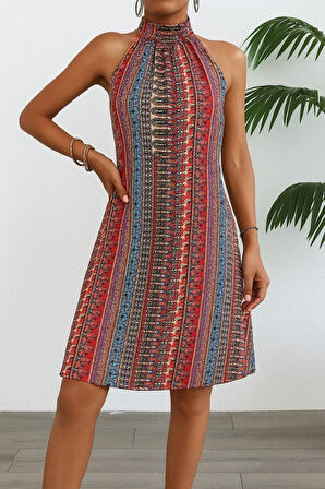 leyla sanat sanata yeni bir bakış açısı Kadın Kolsuz Boyundan Askılı Desenli Midi Süprem Elbise