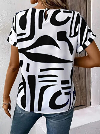 leyla sanat sanata yeni bir bakış açısı Kadın Kısa Kollu Yuvarlak Yaka Desenli Süprem Bluz