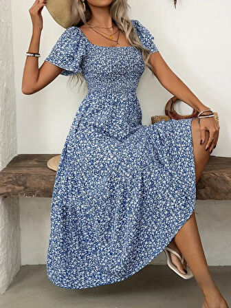 leyla sanat sanata yeni bir bakış açısı Kadın Kısa Kollu Gipe Detaylı Desenli Midi Süprem Elbise