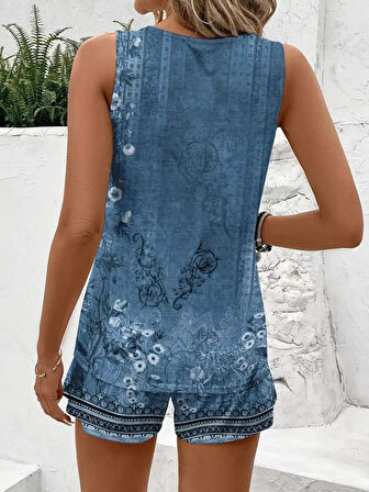leyla sanat sanata yeni bir bakış açısı Kadın Askılı Yuvarlak Yaka çiçek Baskılı Süprme Bluz Ve Short Ikili Takım