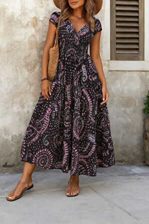 leyla sanat sanata yeni bir bakış açısı Kadın Kısa Yarasa Kanat Kollu V Yakalı Beli Büzgülü Süprem Elbise