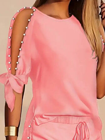 leyla sanat sanata yeni bir bakış açısı Kadın Kısa Kollu Bisiklet Yaka Yarı Açık Omuz Inci Detaylı Short T-shirt Viskon Ikili Takım