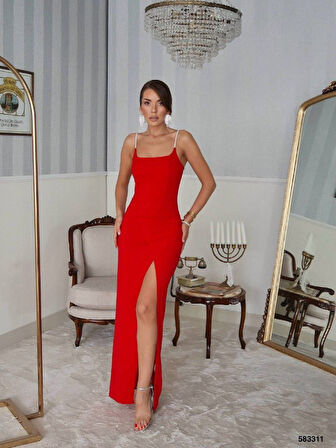 leyla sanat sanata yeni bir bakış açısı Kadın Omuz Askılı Derin Yırtmaç Detay Maxi Boy Elbise