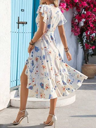 leyla sanat sanata yeni bir bakış açısı Kadın Kısa Kelebek Kollu Kruvaze Yakalı Belden Kuşaklı Midi Süprem Elbise