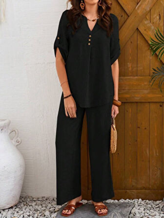 leyla sanat sanata yeni bir bakış açısı Kadın Kısa Kollu V Hakim Yaka Düğmeli Bürümcük Bluz Ve Pantolon Ikili Takım