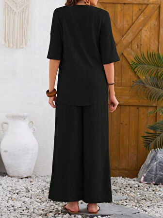 leyla sanat sanata yeni bir bakış açısı Kadın Kısa Kollu V Hakim Yaka Düğmeli Bürümcük Bluz Ve Pantolon Ikili Takım